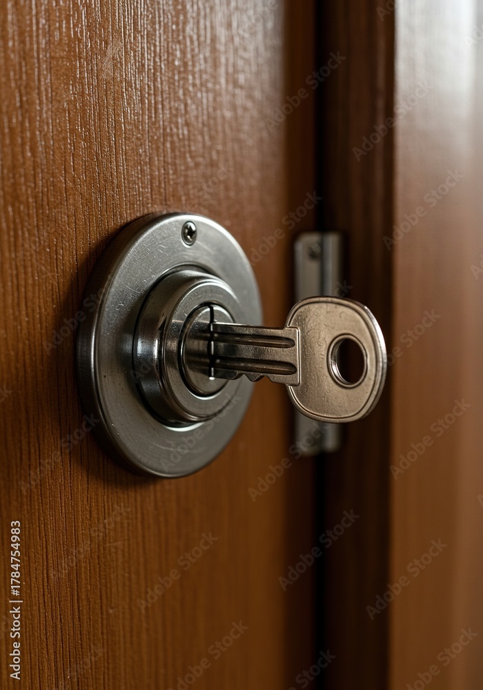 Fototapeta premium A metal key begins to turn within a classic lock cylinder, securely set into a sturdy wooden door panel. This action signifies access and security ,journey ,mechanism ,choice