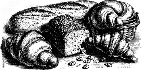 Vintage engraving of various bread types including a croissant and baguette. Detailed black outline illustration set showcasing bakery items in vector style.