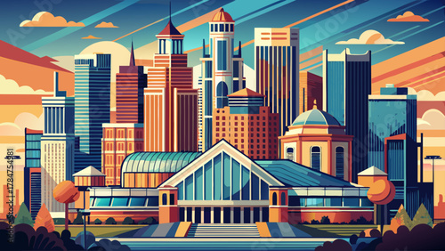 Very beautiful architectural view of downtown Detroit, Michigan, featuring modern and historic buildings, strong geometric lines, warm natural light, and a realistic vibrant urban atmosphere.