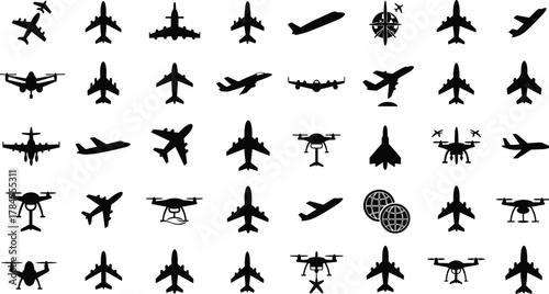 Aircraft, airplane, drone, aviation, silhouette, jet, quadcopter, flying machine, aerospace, travel, navigation, vector, flat, cad, drawing, commercial, fighter, transport, technology, illustration