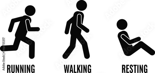 Activity icons, running walking resting, human silhouette, black vector, fitness motion, lifestyle concept, cad drawing flat vector illustration
