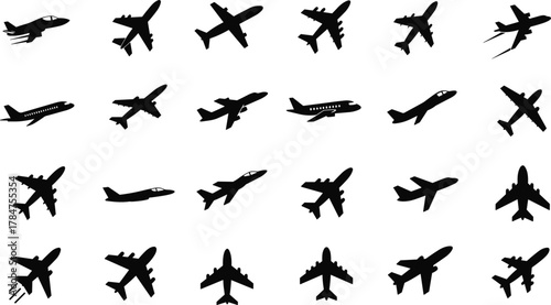 Airplane silhouette collection, aviation vector set, aircraft icons, jet plane shapes, commercial and military aircraft, top and side views