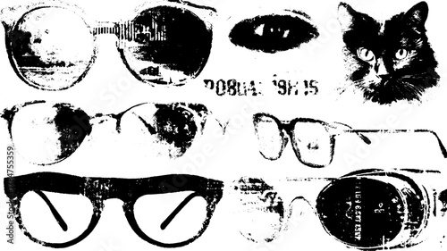 Vintage glasses and sunglasses set in an engraving style. Black and white photocopy vector illustration featuring eyewear and a cat silhouette.