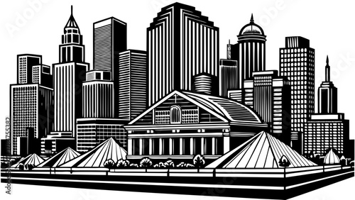 Very beautiful architectural view of downtown Detroit, Michigan, featuring modern and historic buildings, strong geometric lines, warm natural light, and a realistic vibrant urban atmosphere.