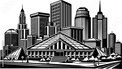 Very beautiful architectural view of downtown Detroit, Michigan, featuring modern and historic buildings, strong geometric lines, warm natural light, and a realistic vibrant urban atmosphere.