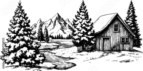 Antique house silhouette surrounded by trees and mountains. Detailed landscape drawing presented as a vintage vector illustration.
