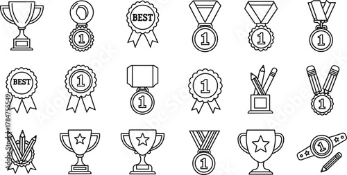 Award icon set, trophy vector collection, achievement symbols, medal line art, certificate graphics, best winner icons, academic and creative rewards