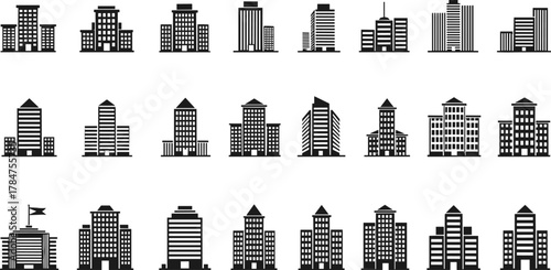 Building, silhouette, architecture, cityscape, urban, skyline, vector, black, office, skyscraper, institutional, modern, flat, design, structure, cad, drawing, illustration, icon, graphic