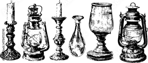 Vintage lanterns and candle holders in hand-drawn style. Black outline illustration showcasing artistic designs in a set of decorative elements.