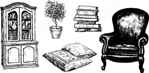 Vintage furniture artwork featuring a chair, cabinet, plant, books, and pillows. Hand-drawn vector illustration set showcasing intricate details.