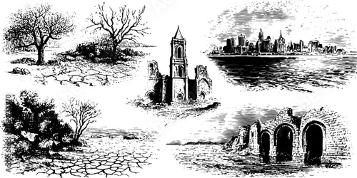 Antique engraving illustration featuring a desolate landscape. Includes trees, ruins, and a city skyline in a black-and-white vector style.
