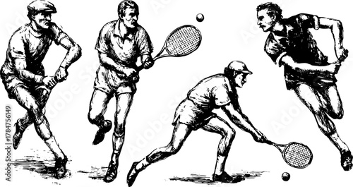 Vintage tennis players in action with rackets and balls. Detailed vector illustration set showing movement and technique.