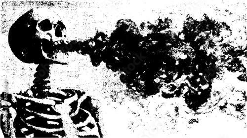 Skeleton exhaling smoke in a unique black and white vector illustration. Monochrome artwork with a fantasy horror theme.
