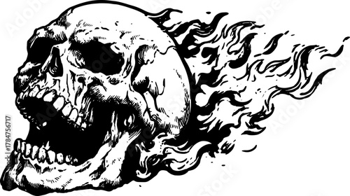 Vintage skull illustration with flame details. A monochrome graphic vector set showcasing intricate line work and classic design elements.