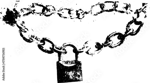 Chain and lock illustration in a black silhouette style. Antique engraving vector illustration with a hand-drawn outline and stipple texture.
