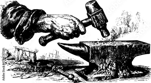 Hand with hammer striking the anvil. Vintage vector illustration capturing craftsmanship and tools in a workshop set.