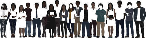 Diverse group of people, standing in line, mixed clothing styles, business and casual attire, black silhouette, flat vector illustration