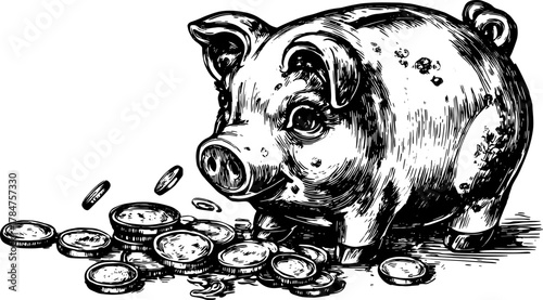Piggy bank with coins in vintage engraving style. This retro vector illustration depicts savings and monetary concepts in a detailed format.