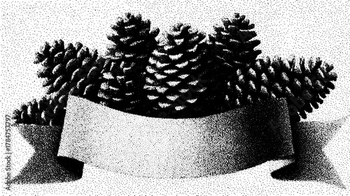 Pine cones in black and white illustration. Simple design with decorative ribbon banner; a vector art set.