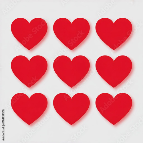 Nine Crimson Hearts in Formation: A symmetrical arrangement of nine vibrant red hearts, each with a defined shape, cast soft shadows, evokes feelings of love and affection. 
