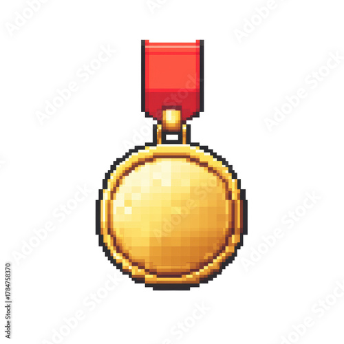 Pixel Art Gold Medal With Red Ribbon. Retro Gaming Achievement And Reward Symbol Isolated On Transparent Background