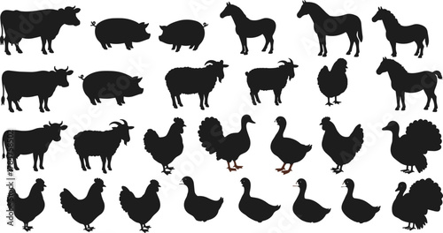Farm animal silhouettes, pig, cow, horse, goat, duck, turkey, chicken, livestock icons, black vector, cad drawing flat vector illustration