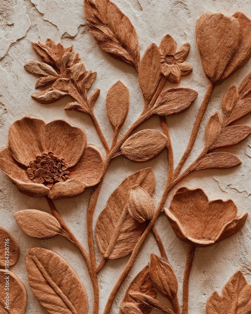 Fototapeta premium Intricate Wooden Floral Carvings on Textured Clay Background Showcasing Nature's Beauty in Warm Earthy Tones