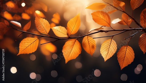 Delicate Orange Autumn Leaves On Dark Branches With Light Specks For Design Card