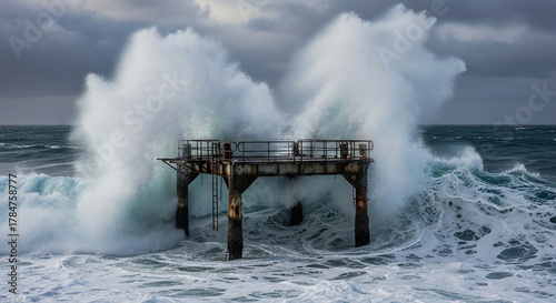 Fototapeta Naklejka Na Ścianę i Meble -  Dramatic waves crashing against a weathered pier on a stormy day, creating a spectacle