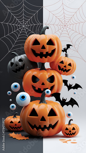 Creative three dimensional vertical Halloween setup featuring pumpkins spiderwebs eyeballs and bats arranged on an orange and white background for festive promotions
