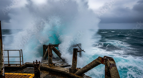 Fototapeta Naklejka Na Ścianę i Meble -  Waves crashing on a rusty metal structure during a stormy day at sea