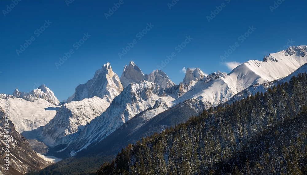 Fototapeta premium An Awe Inspiring Mountain Range With Towering Peaks Covered In Snow Framed By A Clear Blue Sky Generative Ai