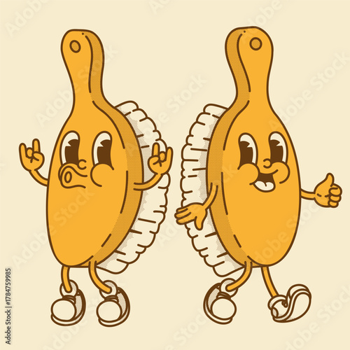 Cute wooden bath brush mascot with long handle. Vintage eco-friendly vector illustration for spa and body care branding