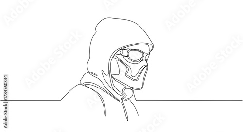 Male figure wearing hoodie and goggles in minimalist line art  