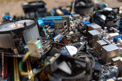 Computer accessories.Computer motherboards are in a pile.