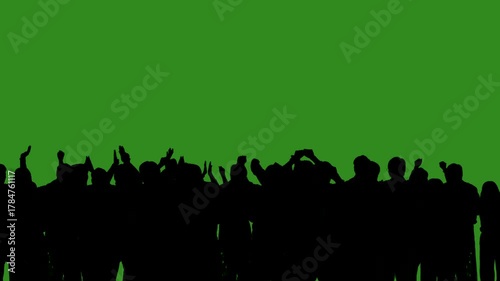 Black silhouettes of a group of people cheerfully celebrate their victory against a green chroma key background. Minimalist contrast and modern visual composition, mockup.