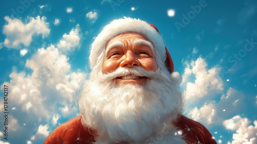 Cheerful Santa Claus Portrait Against Snowy Blue Sky with Clouds