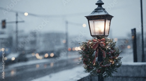 frozen street lamp with Christmas wreath,