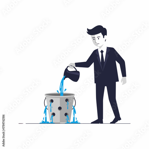 Man in suit pours water from a watering can into a leaky bucket with holes, representing futility, inefficiency, and wasted effort in a business context, isolated on white.