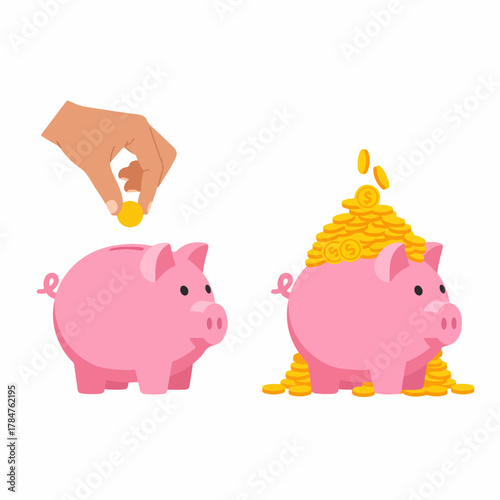 Pink piggy banks with gold coins, one with a hand putting a coin inside and the other overflowing with money on a clean white background.
