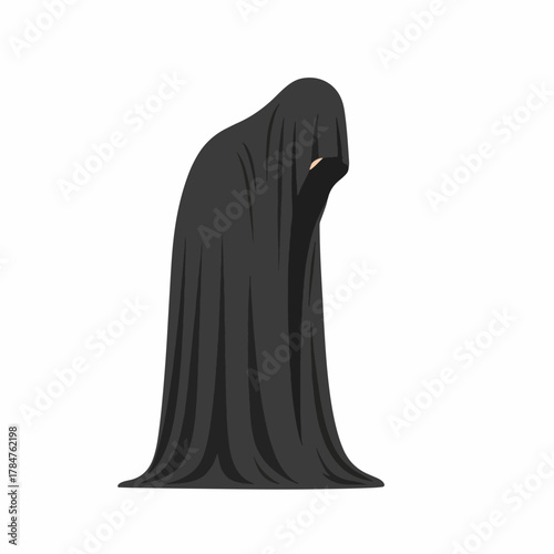 Figure draped in a dark black shroud, its head bowed in despair or grief, isolated on a white background, evoking mystery, sadness, and gothic themes.