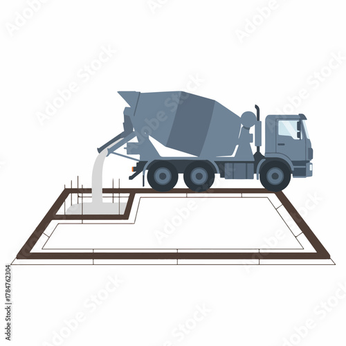 Concrete mixer truck pouring cement into a prepared foundation form, construction site illustration.