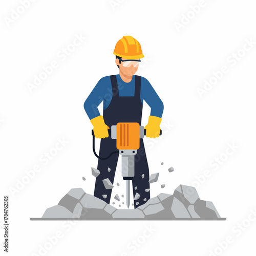 Construction worker using a jackhammer to break concrete, wearing a safety helmet, gloves, and goggles for protection during demolition work.