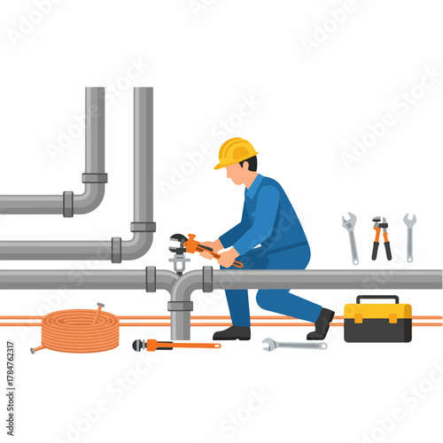 Plumber in a blue uniform wearing yellow hard hat working on silver pipes with orange wrench, along with a black and yellow toolbox, silver wrenches, and orange coiled hose.