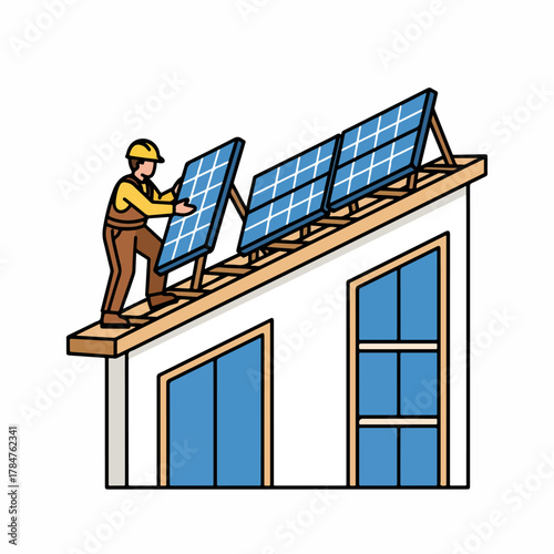 Solar panels being installed on a modern roof by a construction worker wearing a hard hat, illustration of sustainable energy and eco-friendly home.