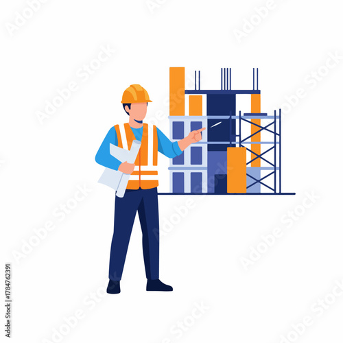Construction worker pointing at an unfinished building site, holding blueprints and wearing a hard hat and safety vest, illustration on a white background.