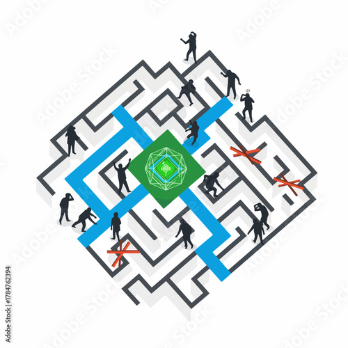 Maze illustration, showing silhouetted people, a geometric center with a path outlined in blue, blocked paths indicated in red, on an isolated white background.