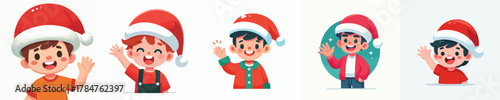 vector of a little boy in a Christmas hat waving