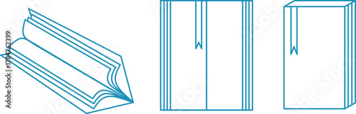 Books and notebooks with bookmarks, school supplies, reading and learning, blue icons with thin outlines, vector icons of library textbooks