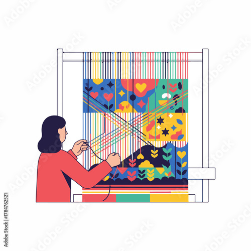 Woman weaving a colorful abstract tapestry on a loom, creating a vibrant pattern of flowers, stars, and hearts in a flat vector illustration style.